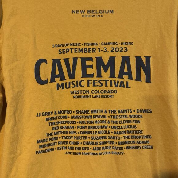 New Belgium Fat Tire Bottlecap XL T-Shirt Yellow Logo Bicycle Beer Caveman Music - Picture 5 of 7